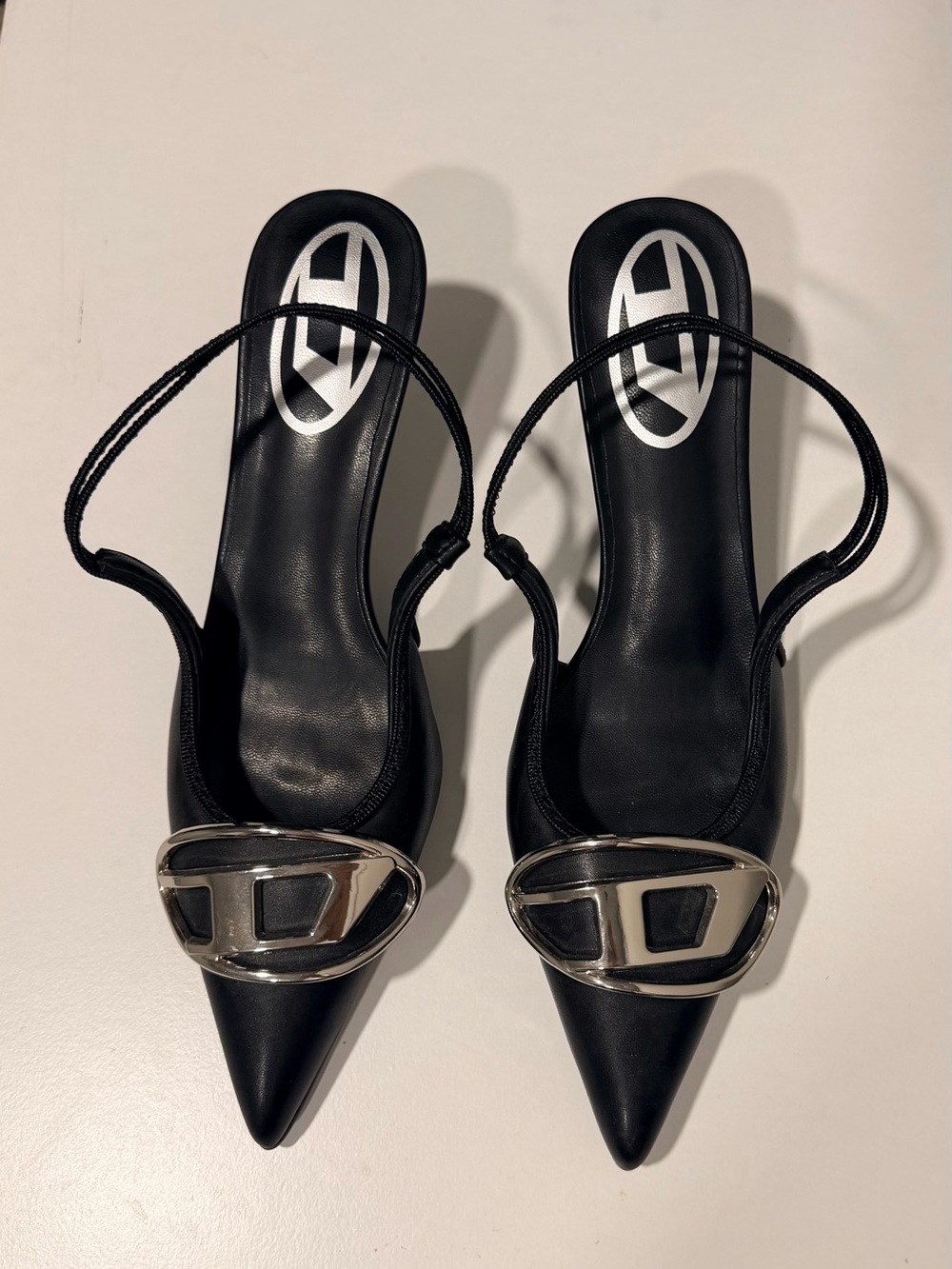 Diesel Black Pointed Slingback Heels with Silver Buckle